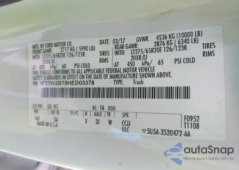 2017 Ford F-250 Lariat from USA, damaged, VIN 1FT7W2BT8HED03378